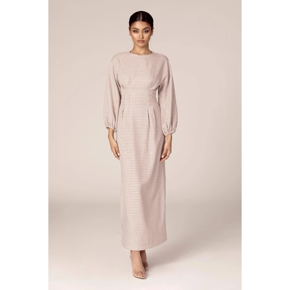 🛍️Veiled Collection Plaid Balloon Sleeve Maxi Dress - Nude Modest Long Sleeves